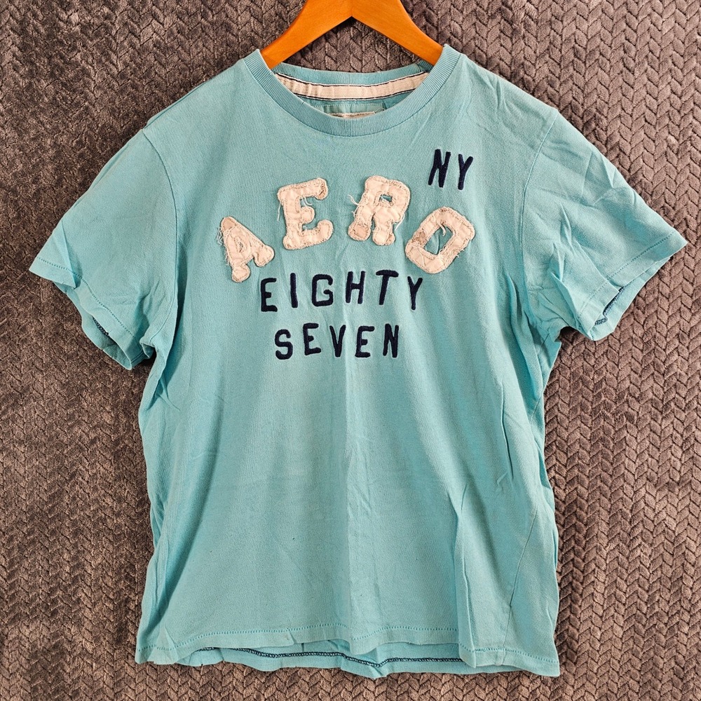 Aeropostale‎ Mens T Shirt Aqua Blue AERO EIGHTY SEVEN Graphic Tee L/G